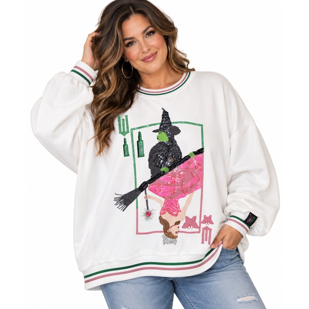 NWT Queen of Sparkles Wicked Elphaba & Glinda Card Sequin Sweatshirt White XXL